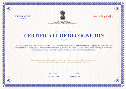 Tapanukula Pvt Ltd StartupIndia Certificate