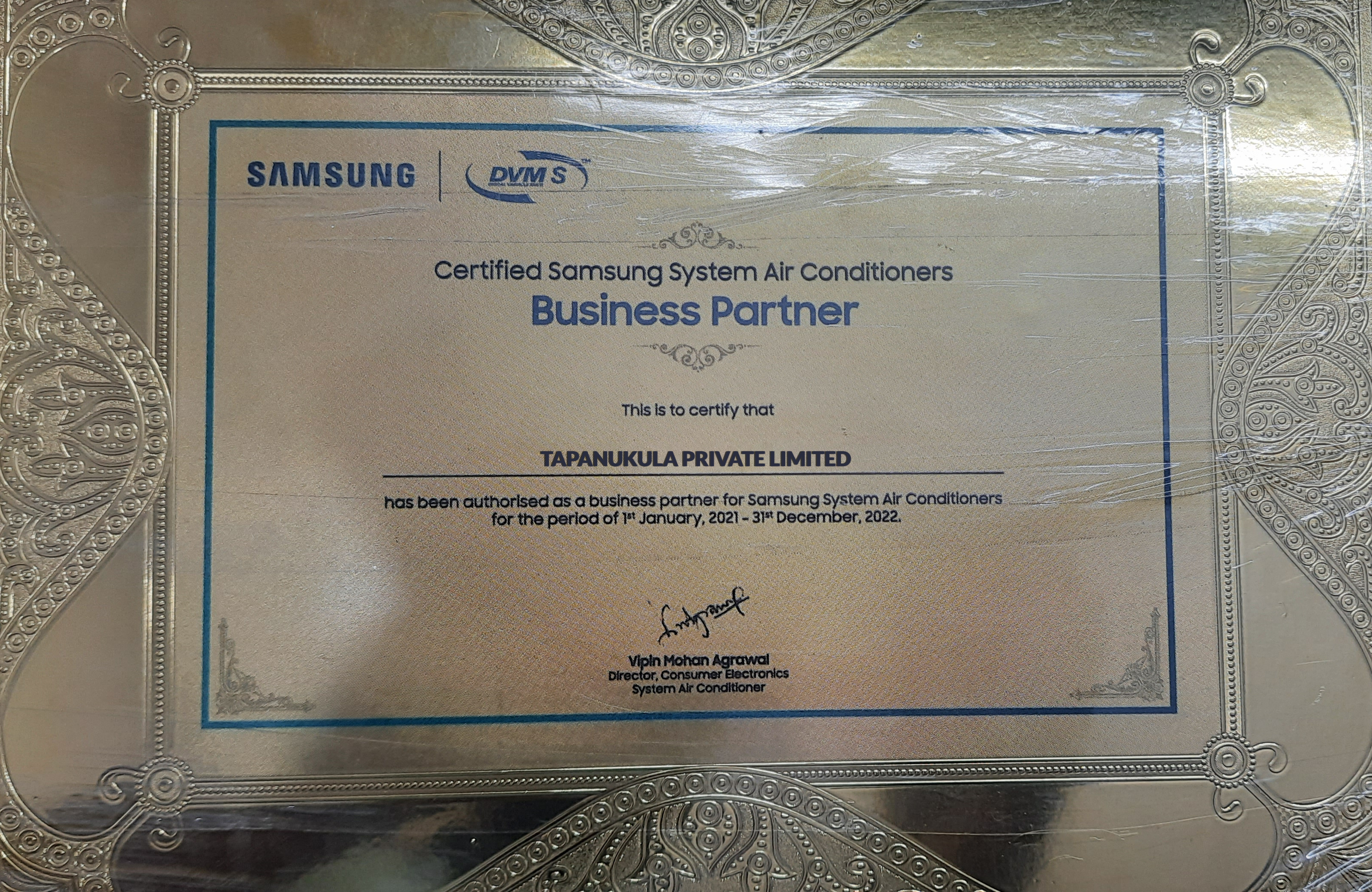 Tapanukula Private Limited Samsung Business Partner Certificate
