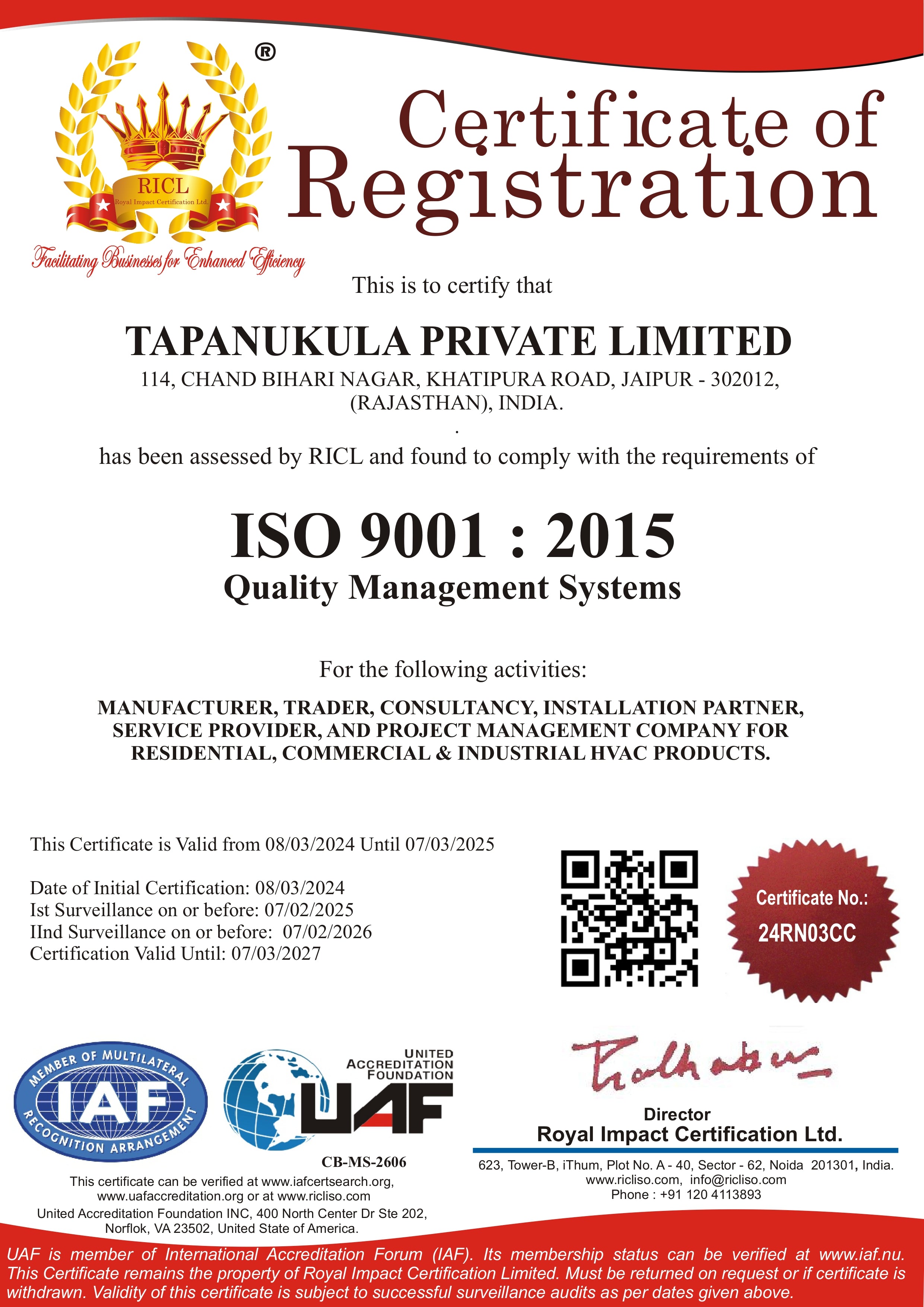 Tapanukula Private Limited ISO 9001 : 2015 Certified