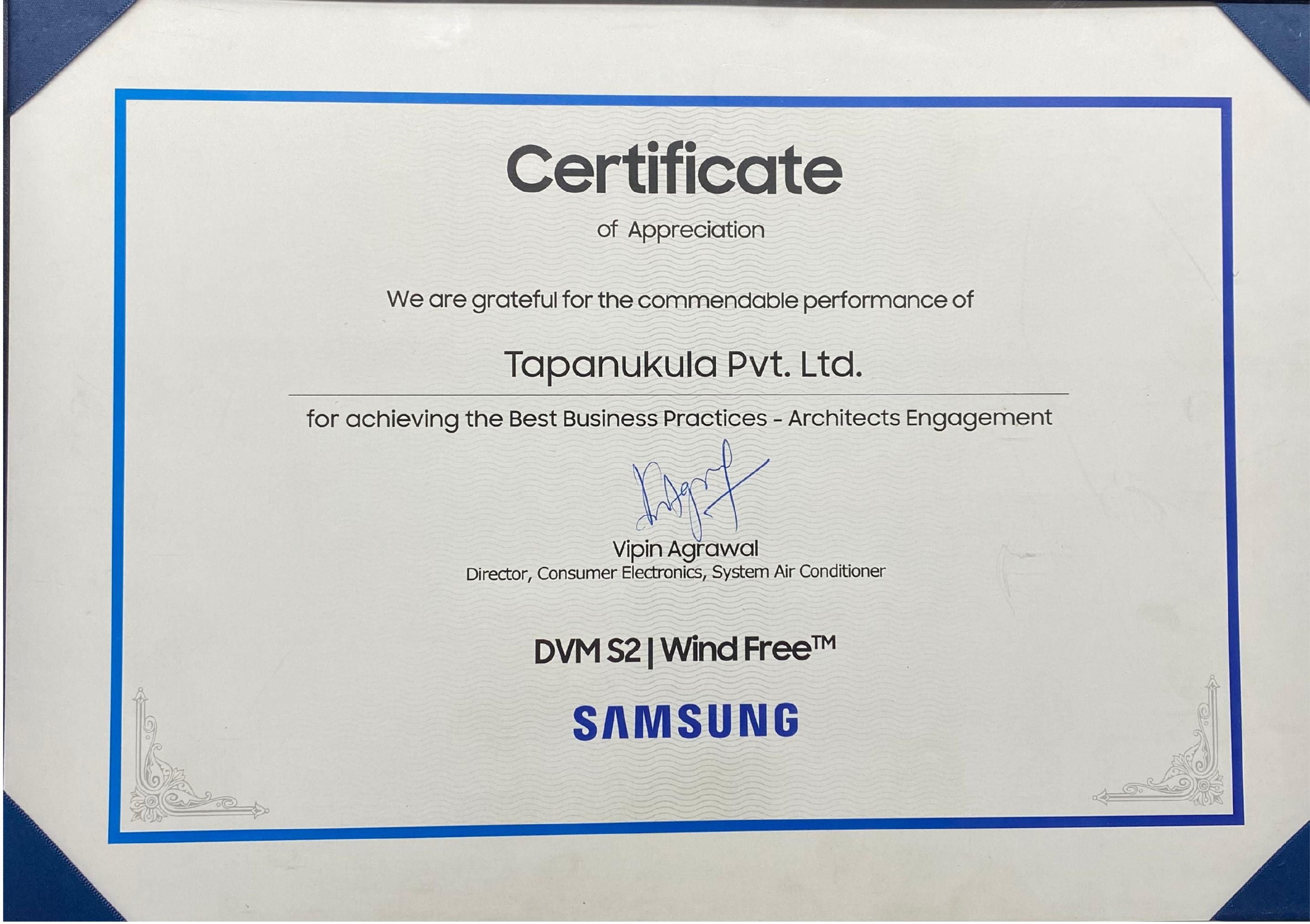 Certificate Of Appreciation To Tapanukula Pvt Ltd By Samsung Air Conditioner