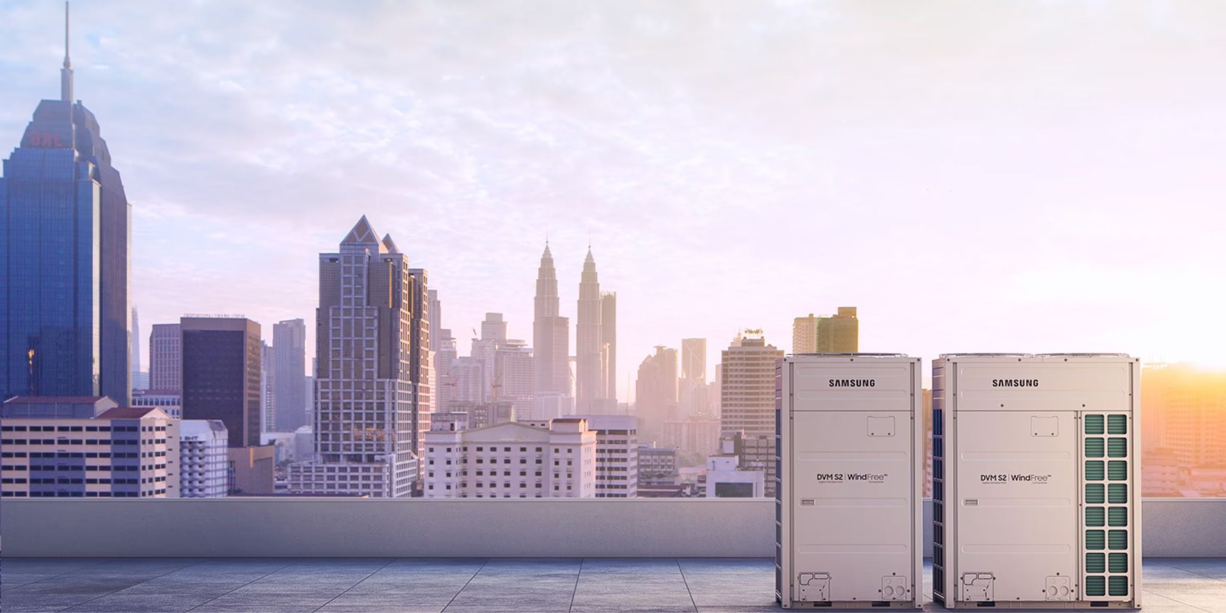 Samsung WindFree AI Enabled DVM S2 Outdoor Unit on Skyscraper Building Roof